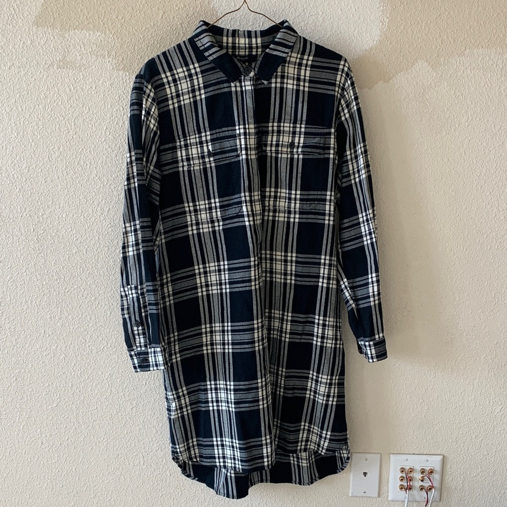 Madewell Black and Cream Plaid Shirt Dress